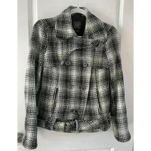 Armani Exchange Double Breasted Wool Blend Belted Pea Coat Black White Size S